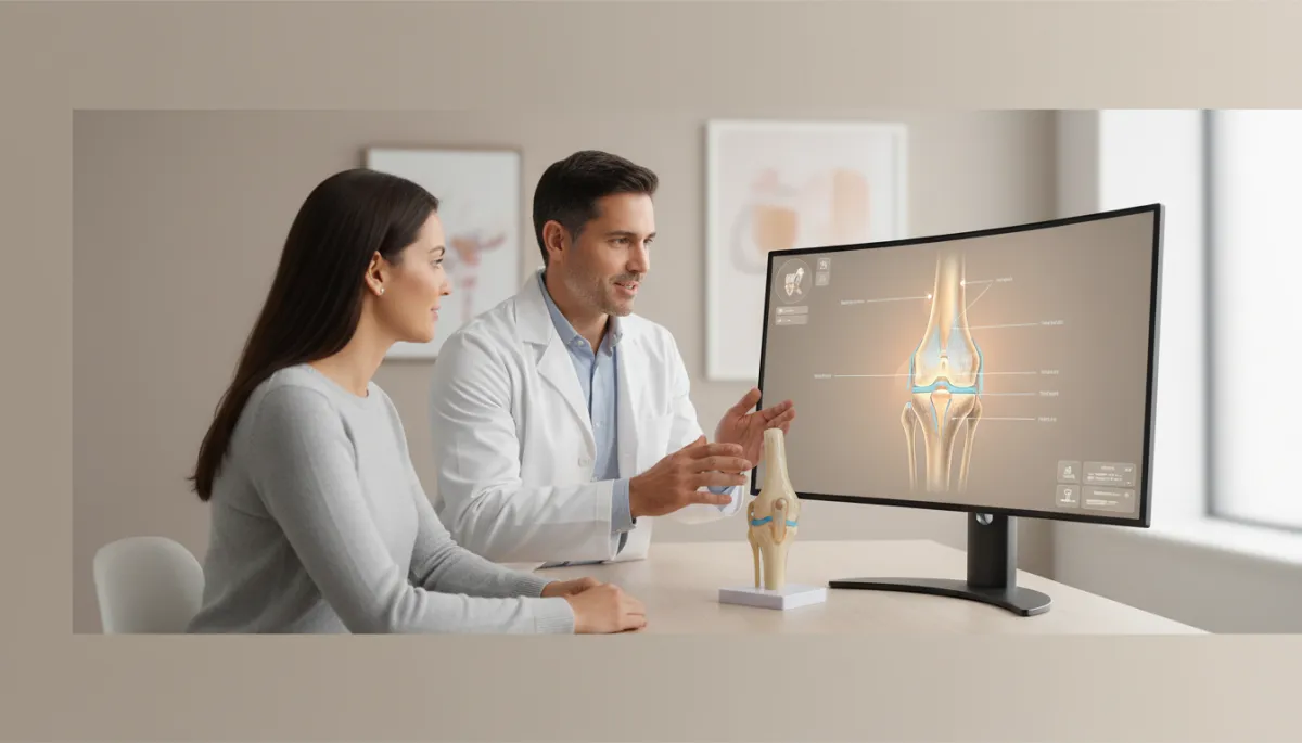 photorealistic neutral-tone clinic setting showing a physician reviewing a knee joint model with a patient, focus on knee anatomy diagram on screen, calm professional atmosphere