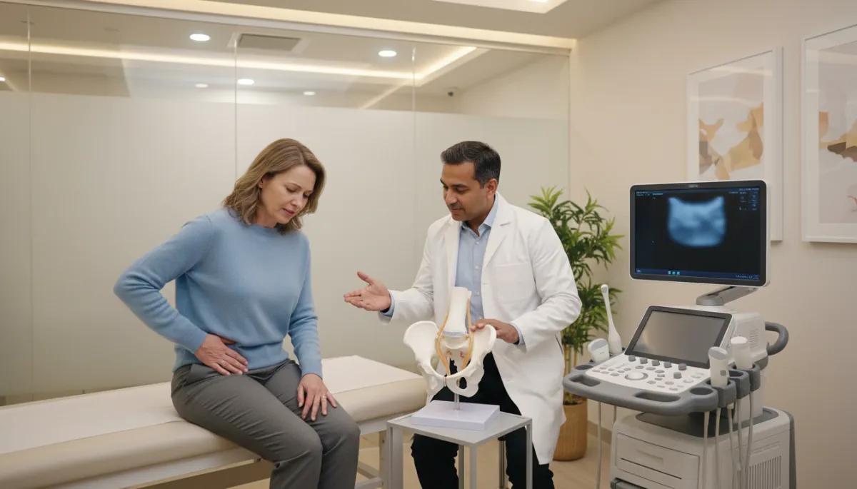 photorealistic neutral-toned clinic setting with a middle-aged adult discussing hip pain with a regenerative medicine physician, anatomical hip model and ultrasound machine visible, calm professional atmosphere