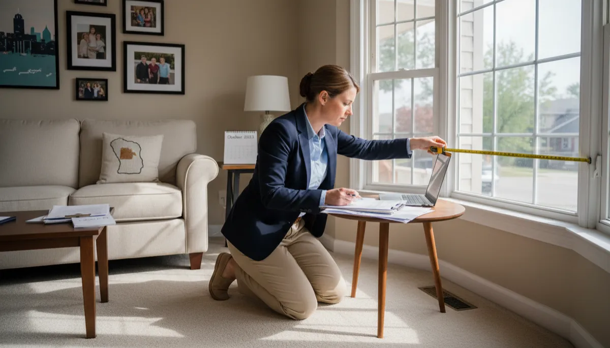 Create a photorealistic, high-resolution image of a professional home appraiser conducting a detailed inspection inside a lived-in Metro Detroit house. The appraiser, dressed in business-casual attire, is attentively reviewing paperwork and using a measuring tape near a window, surrounded by authentic details like a clipboard, laptop, and appraisal forms. The home’s interior features tasteful, neutral decor—soft beige walls, comfortable furniture, family photos, and subtle Detroit-themed accents. Natural daylight filters through the windows, casting realistic shadows and highlighting the genuine, everyday atmosphere. The scene should feel candid and authentic, capturing the seriousness and focus of the appraisal process, while visually conveying the theme of evaluating a home’s current worth compared to last year.