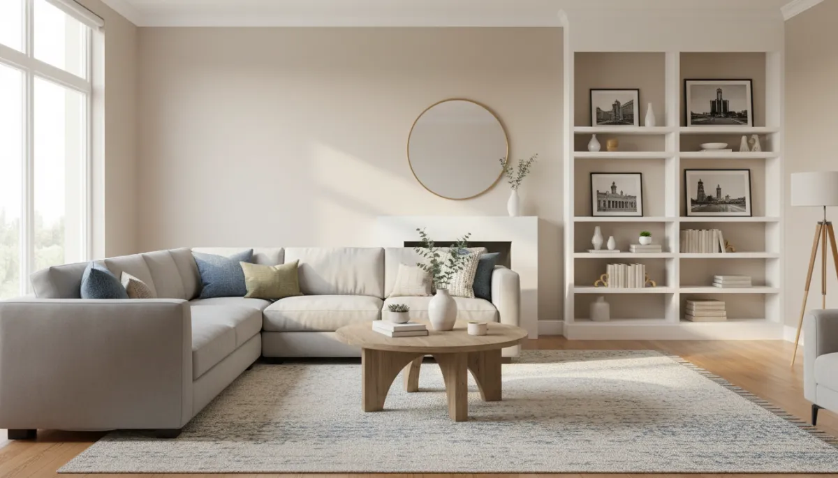 A realistic, high-quality photograph of a beautifully staged Metro Detroit living room prepared for a home sale, with natural lighting and tasteful decor.