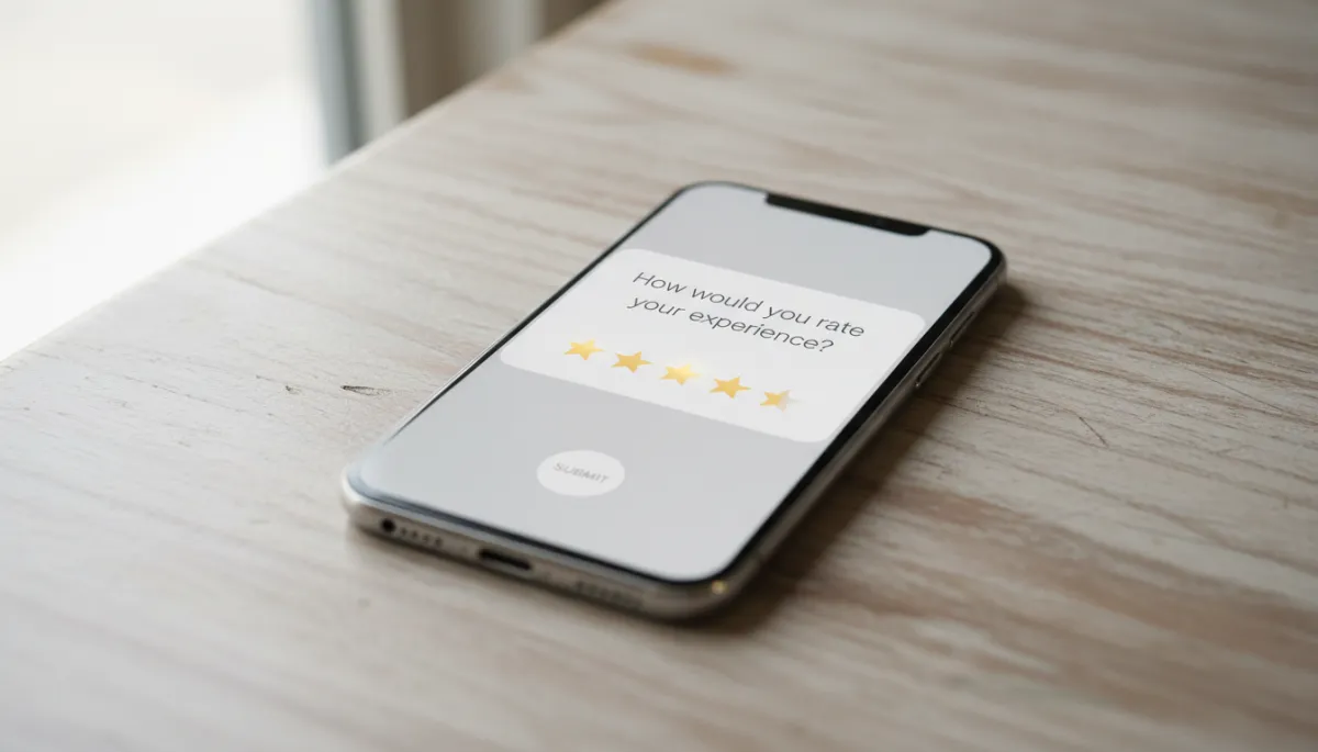 Smartphone showing automated review request message and rating prompt