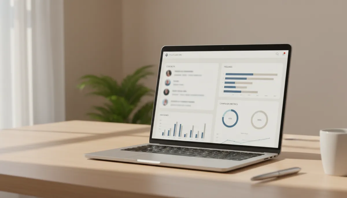 Laptop screen displaying a private-label CRM dashboard with agency branding