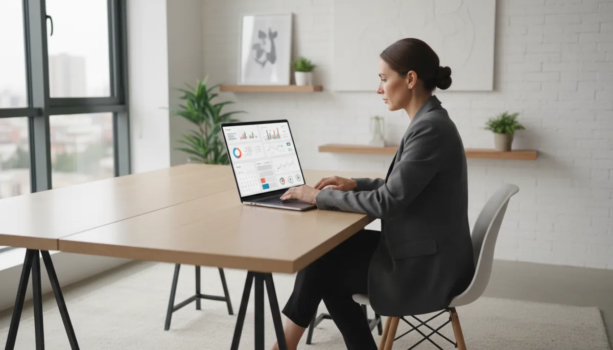 photorealistic neutral-toned modern office with a business owner reviewing a laptop dashboard that shows CRM, email campaigns, calendar, and social media analytics panels on one screen, soft natural light, clean professional aesthetic