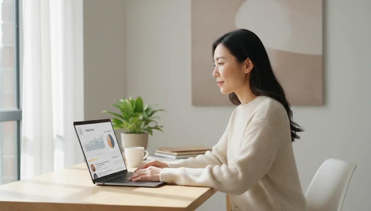 photorealistic neutral-toned scene of a local business owner reviewing Google reviews and analytics on a laptop in a calm modern office, soft daylight, subtle branding charts on screen