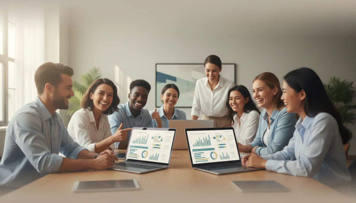 photorealistic neutral-toned modern office with a diverse sales team smiling around laptops showing automation dashboards, soft natural light, subtle depth of field