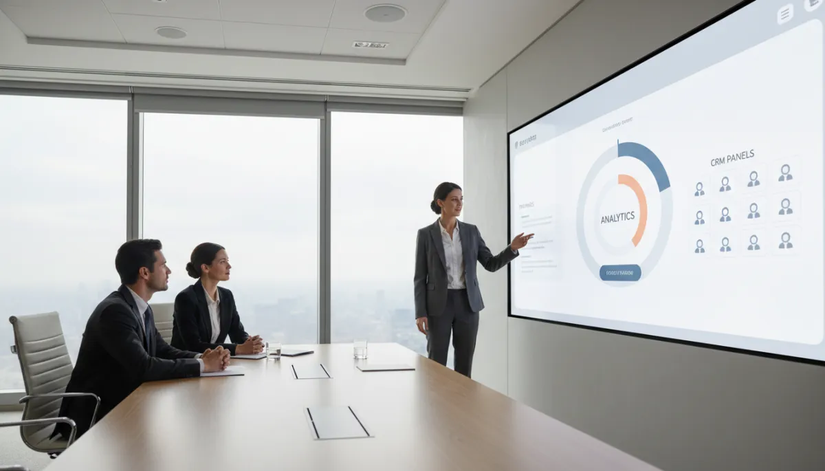 photorealistic neutral-toned scene of agency owner presenting a branded marketing dashboard on a large screen to clients in a modern conference room, subtle city skyline in background, clean interface with analytics and CRM panels