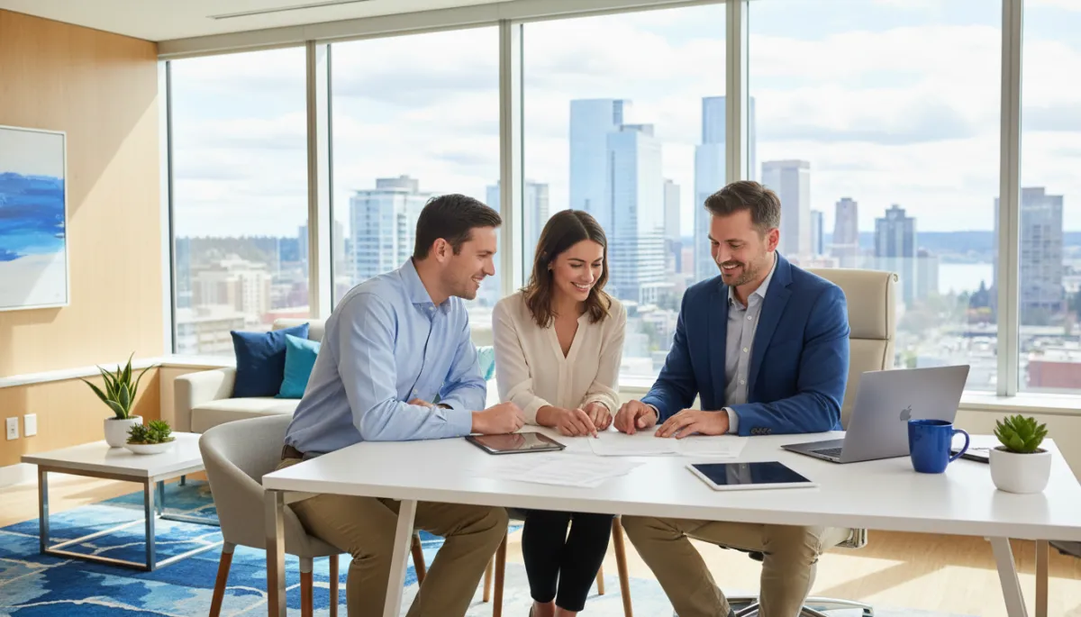 Bellevue mortgage lender meeting with a young couple in a modern office Bellevue mortgage lender meeting with a young couple in a modern office