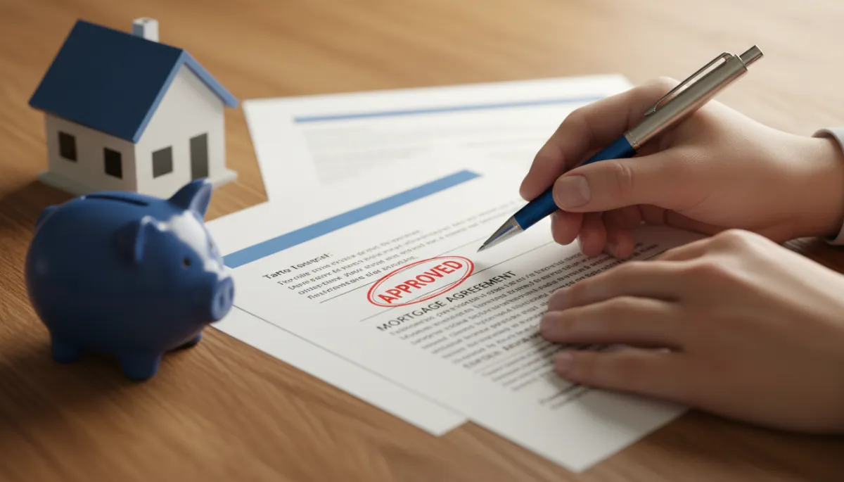 Hands reviewing mortgage documents with an approved stamp, house model, and piggy bank symbolizing tax‑free savings Hands reviewing mortgage documents with an approved stamp, house model, and piggy bank symbolizing tax‑free savings