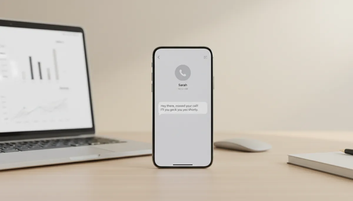 photorealistic neutral-toned close-up of a smartphone on a desk showing an incoming call that was missed and an automatic friendly text message being sent back to the caller, subtle charts or metrics visible on a nearby laptop screen