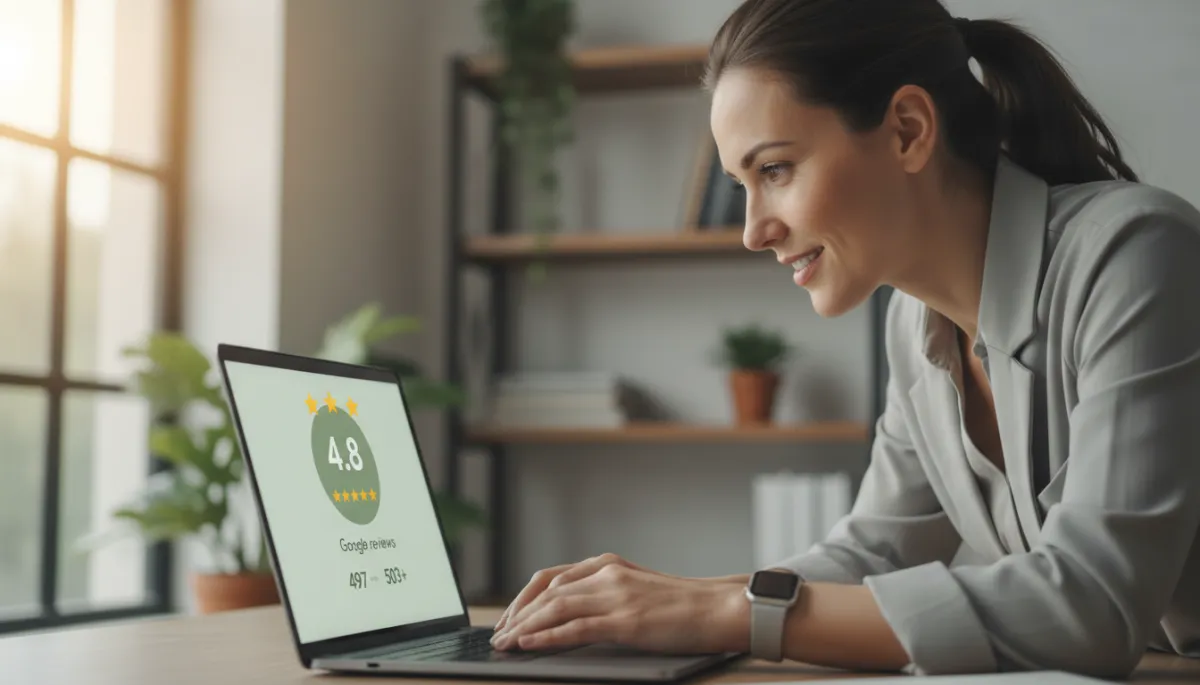 Small business owner viewing rising online reviews and ratings on a laptop