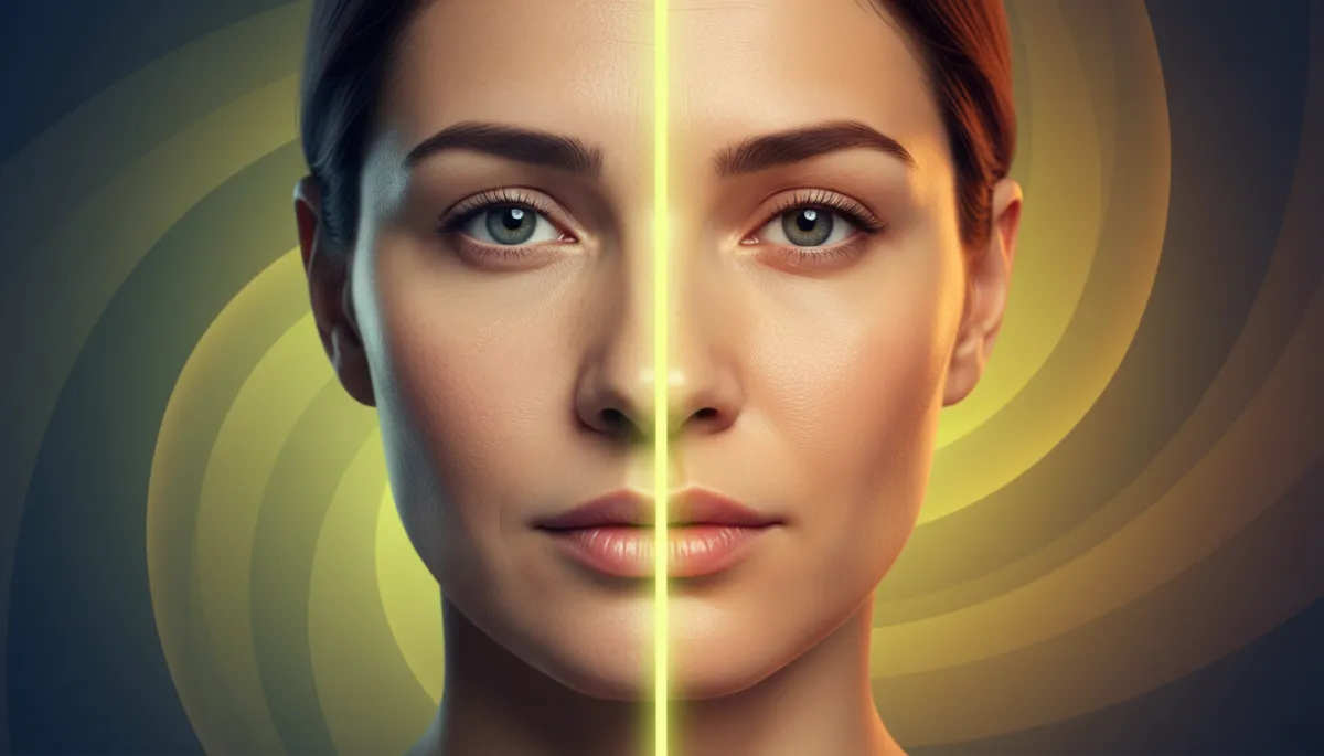 put a realist before and after in face [Brand guidelines: use brand color palette #063851, #F0810E, #E5DF43]. Context: This is for a blog post about "How AI Is Changing Before-and-After Photos in Medical Marketing". Style: Professional quality, photorealistic, high resolution