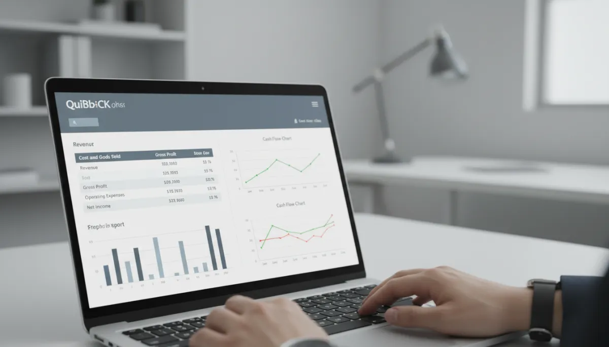 Laptop displaying a clean QuickBooks-style profit and loss dashboard in a professional office