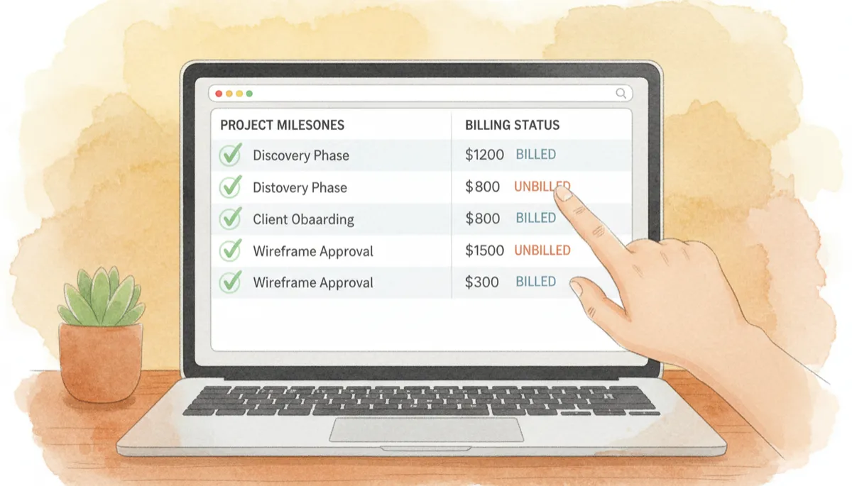 Project management screen highlighting completed but unbilled work items