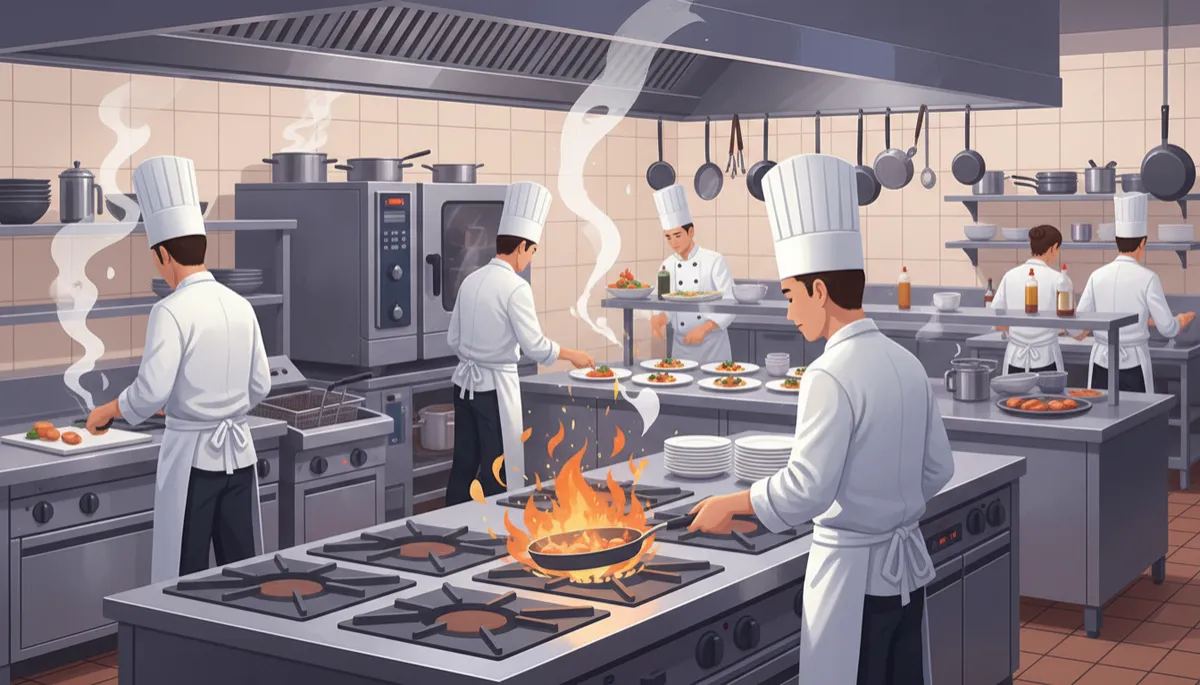 A busy restaurant kitchen in action: chefs and cooks working at different stations, stainless steel equipment, flames from stovetops, and a lively, energetic atmosphere capturing the pace and teamwork of a professional kitchen.