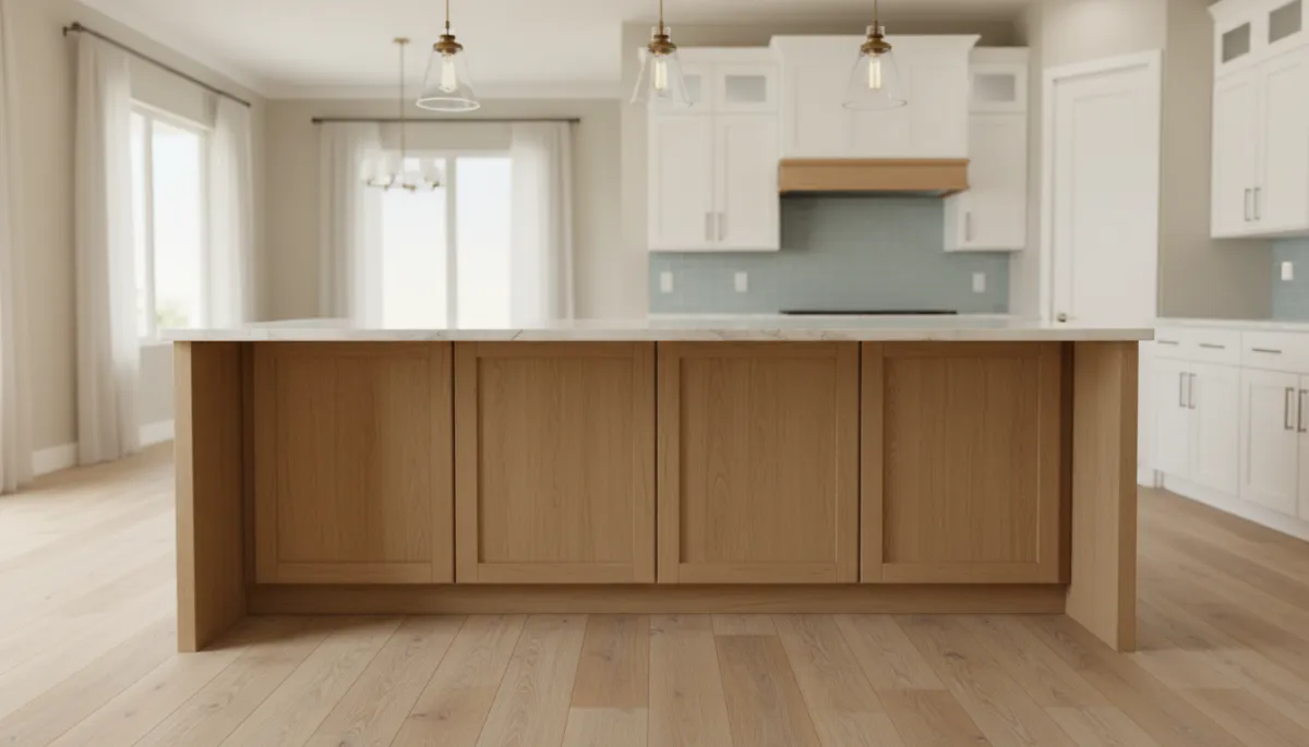 Kitchen island and new flooring in a remodeled Florida home