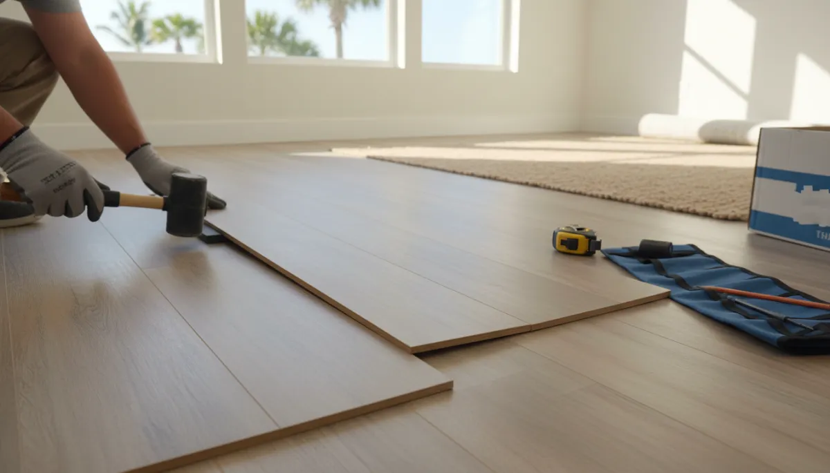 Installation of new luxury vinyl plank flooring in a coastal Florida living room