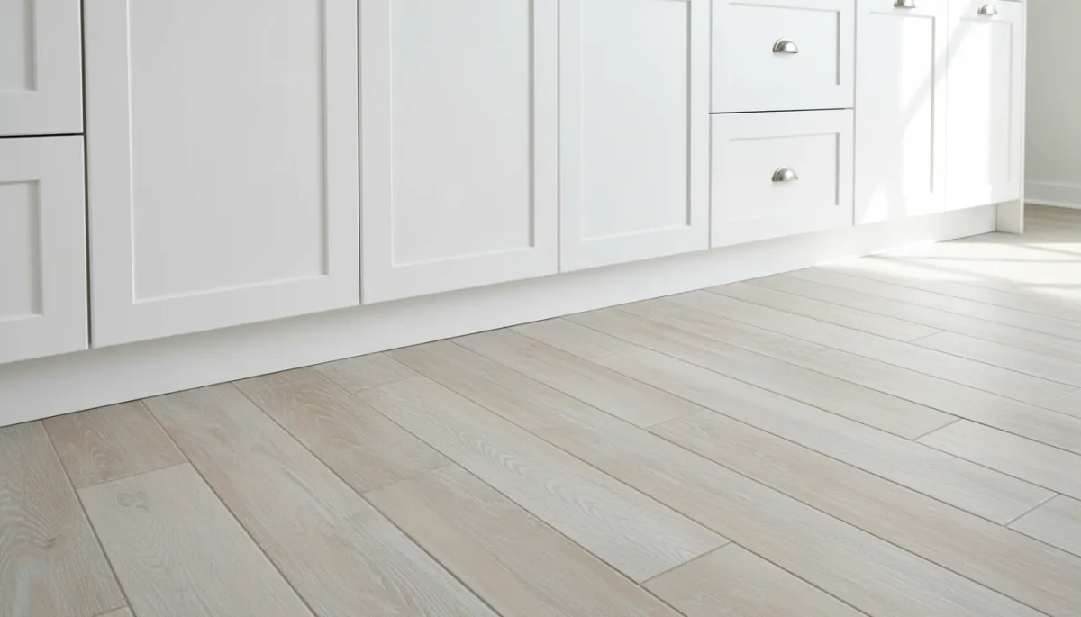 Photorealistic view of new kitchen flooring meeting white cabinets in a Florida home