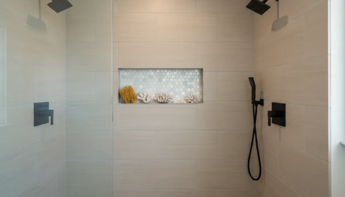 photorealistic close up of a newly remodeled bathroom shower in a coastal Florida home with large format neutral tiles built in niche black matte fixtures and frameless glass