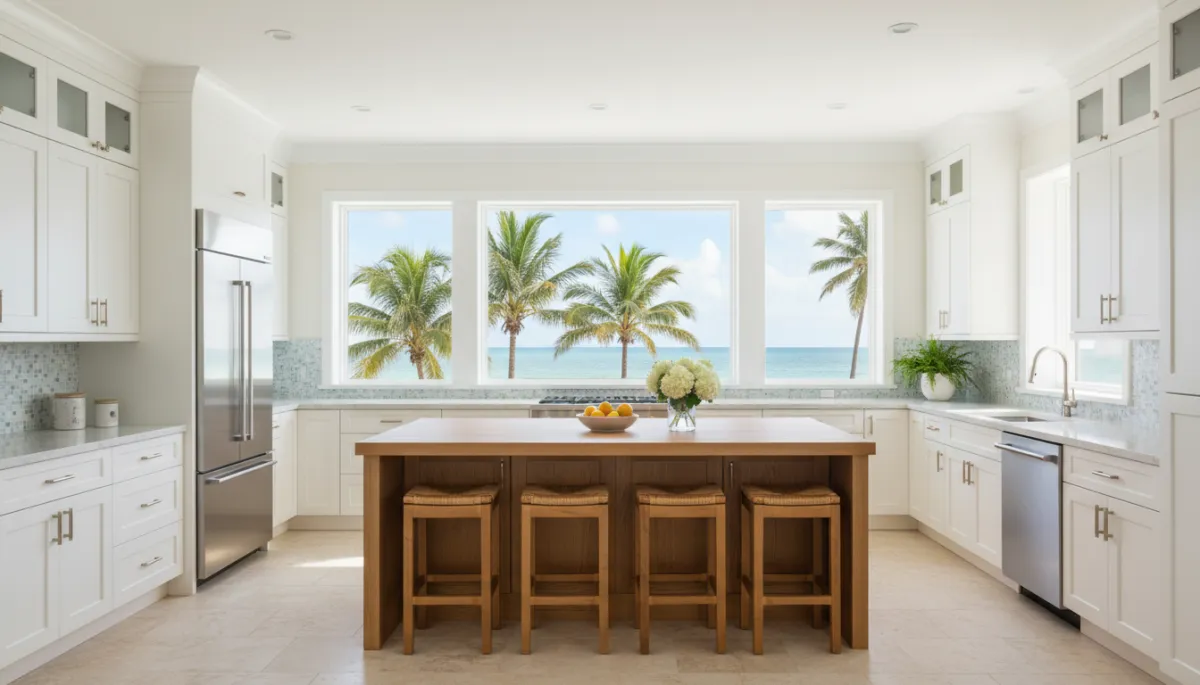 photorealistic wide view of a bright coastal style Florida kitchen with white shaker cabinets, warm wood island, light quartz countertops, stainless appliances, and large windows looking out to palm trees, neutral color palette