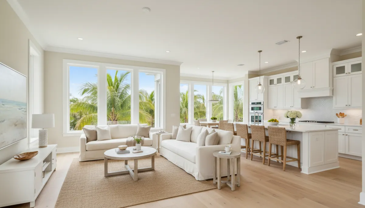 photorealistic wide shot of a bright coastal style living room and open kitchen in a Stuart Florida home with neutral colors light wood flooring and large windows showing palm trees outside