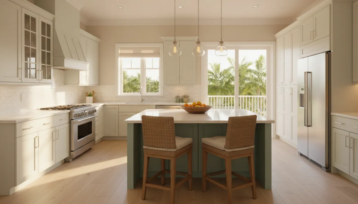 photorealistic bright coastal style kitchen in a Fort Pierce Florida home, light shaker cabinets, quartz countertops, stainless appliances, large island with stools, neutral color palette, morning light coming through sliding doors to a patio