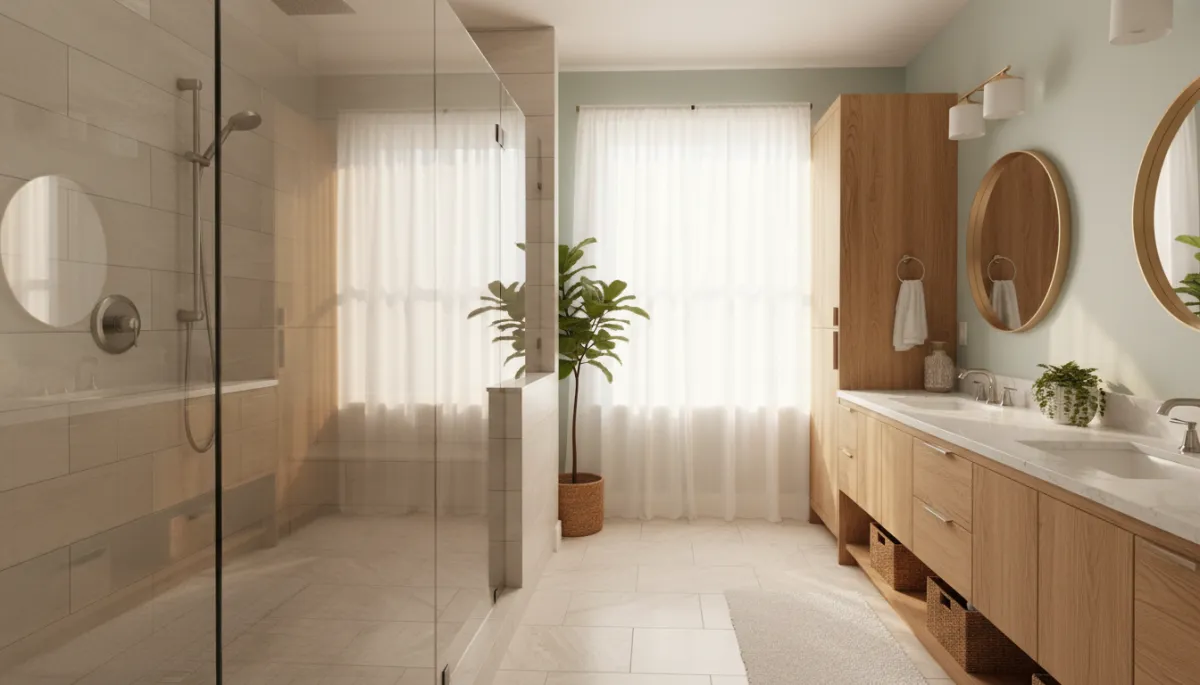 photorealistic bright coastal style bathroom in a Palm City Florida home with walk in shower frameless glass warm wood vanity neutral tile and soft natural light from a large window