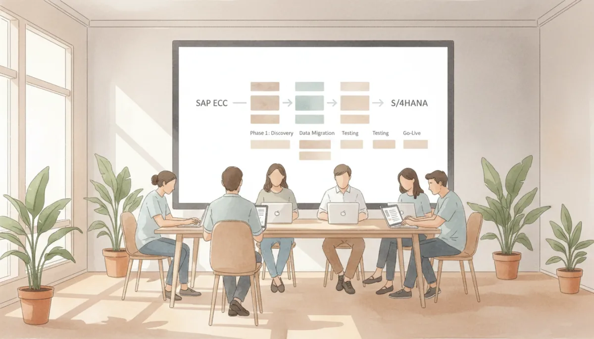 Project team discussing ERP migration plans in a professional office environment