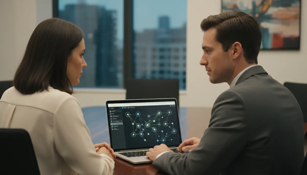 Consultant and client reviewing workflow analytics on a laptop in a professional setting
