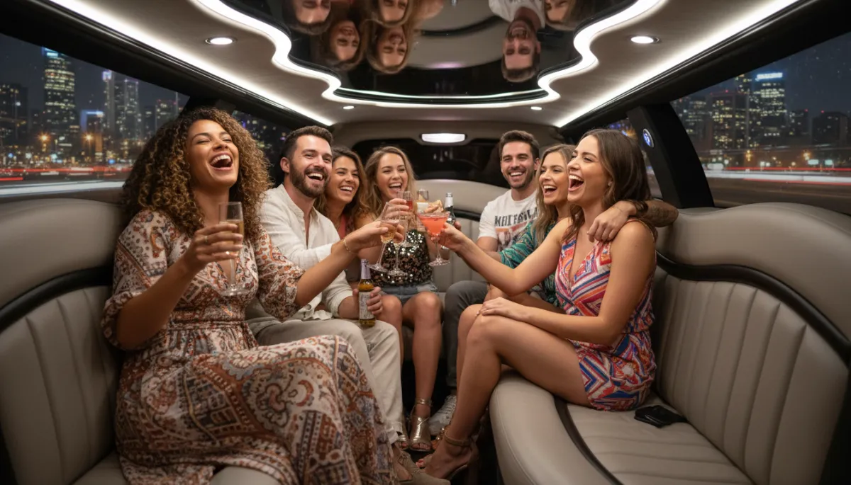 Group of friends enjoying a limousine ride to a New Jersey concert