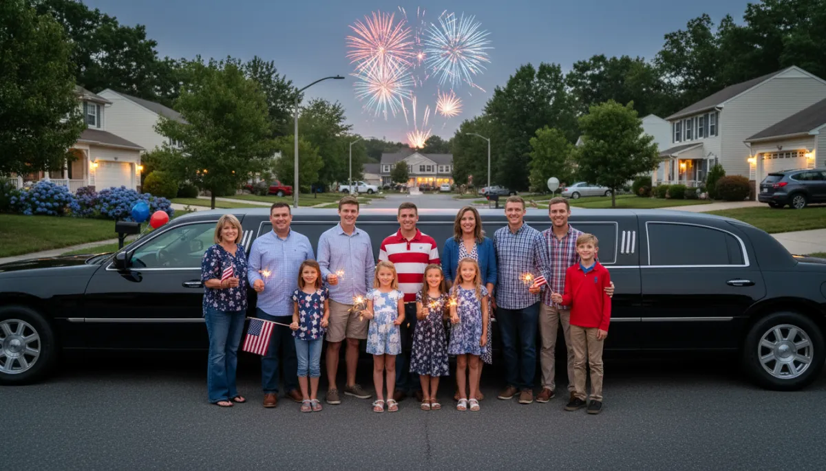 Family and friends celebrating July 4th outside a limousine in New Jersey