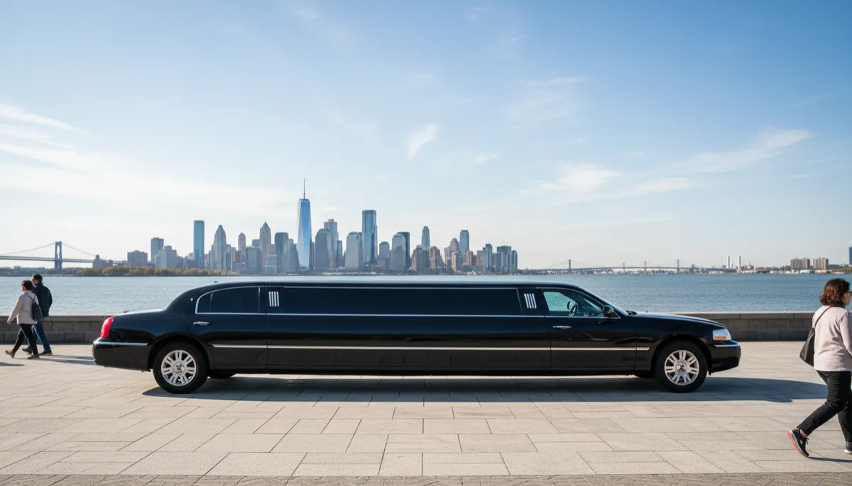 Black limousine parked at a New Jersey waterfront on a sunny day