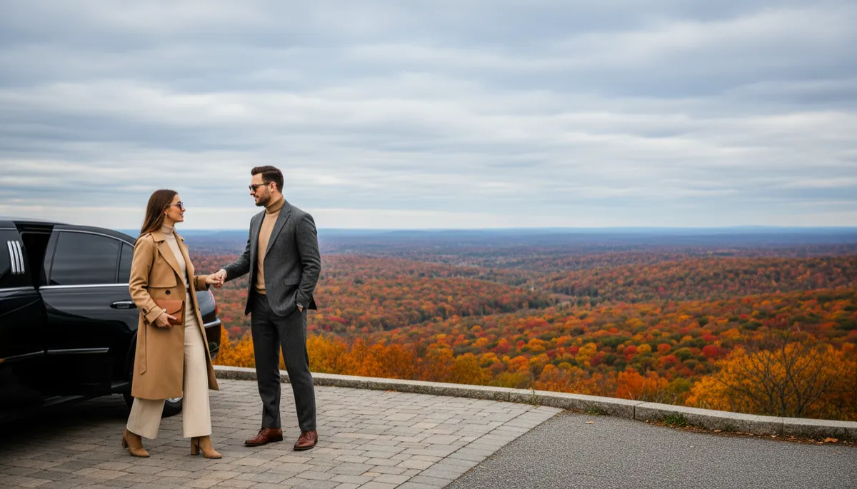 Couple stepping out of a limousine at a scenic New Jersey fall overlook