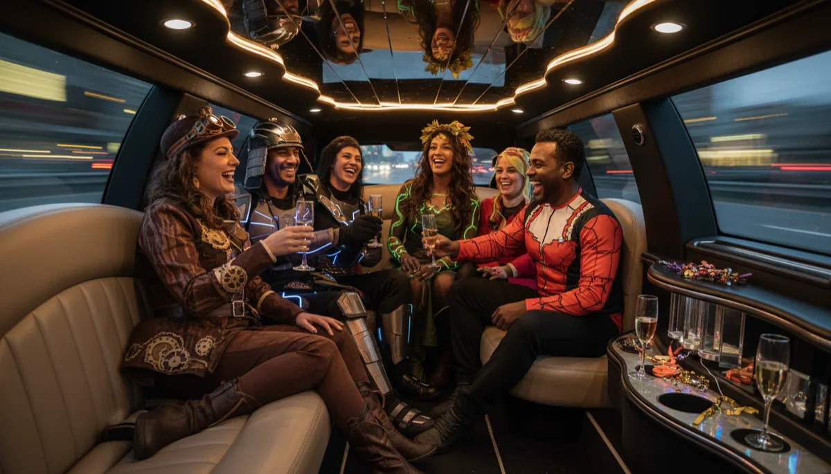 Adults in Halloween costumes celebrating inside a luxury limo at night