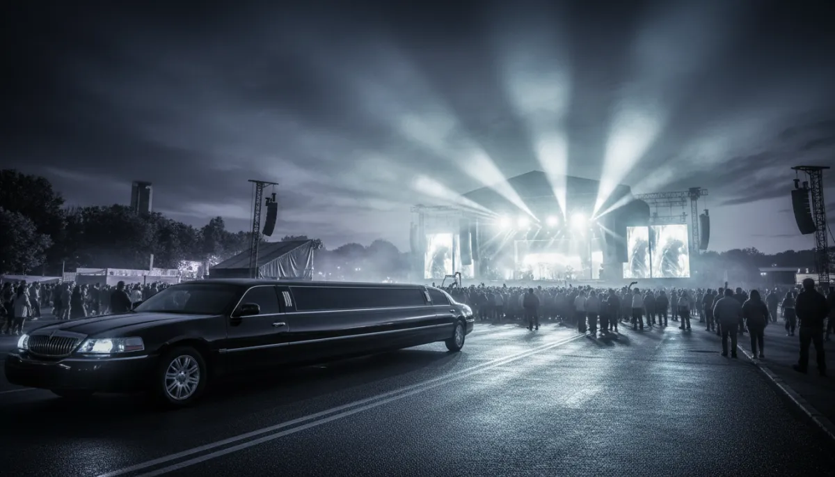 photorealistic black stretch limousine parked outside a large outdoor concert venue at night, bright stage lights and crowd in the background, neutral color palette with cool whites and soft grays