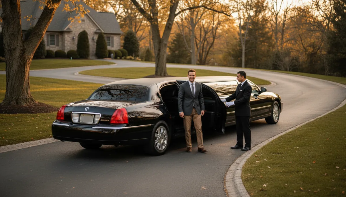 photorealistic neutral-toned scene of a smiling father and teenage son boarding a sleek black stretch limousine in a New Jersey suburban driveway at golden hour, professional chauffeur holding the door, soft natural lighting, subtle reflections on the car