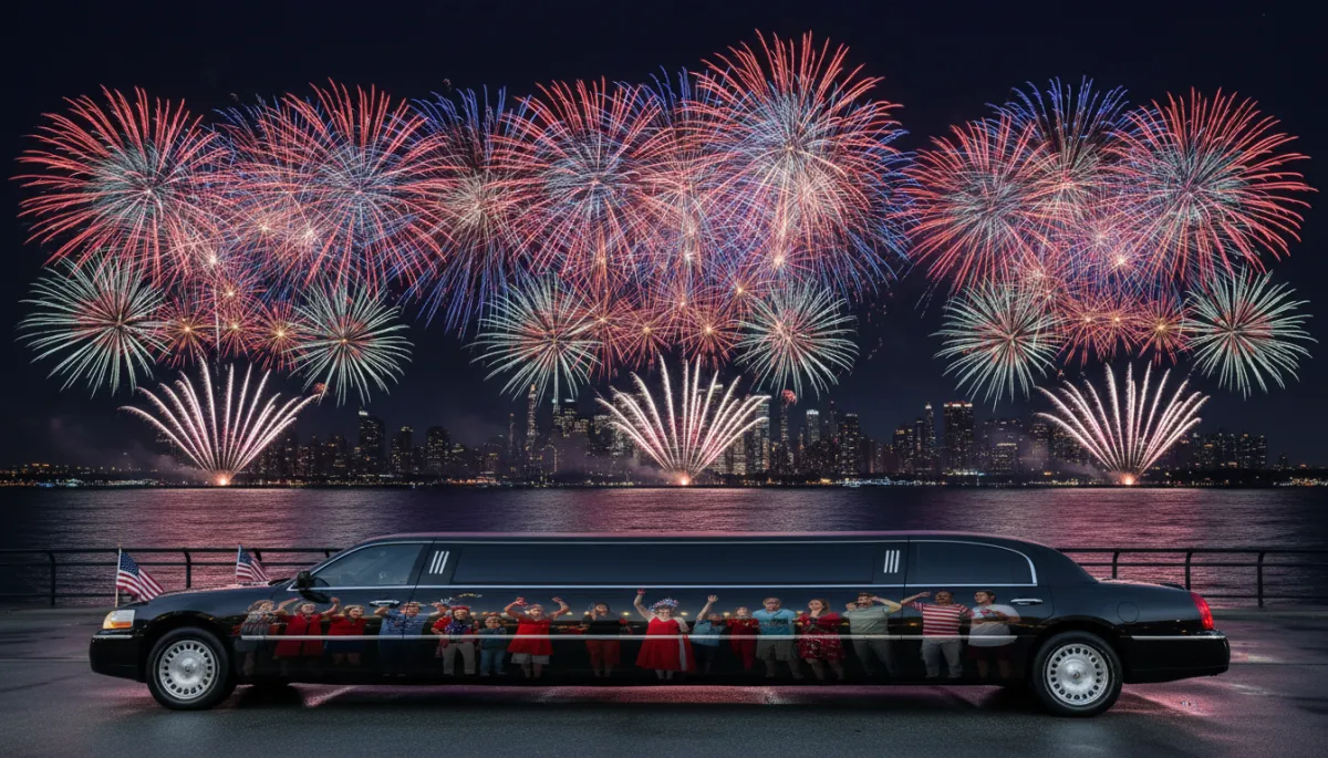 photorealistic night scene of a sleek black stretch limousine parked along the New Jersey waterfront, small American flags on the hood, massive fireworks bursting over the NYC skyline across the Hudson River, families and friends in festive red white and blue outfits reflected in the limo's glossy surface, neutral color palette with vivid red white and blue accents