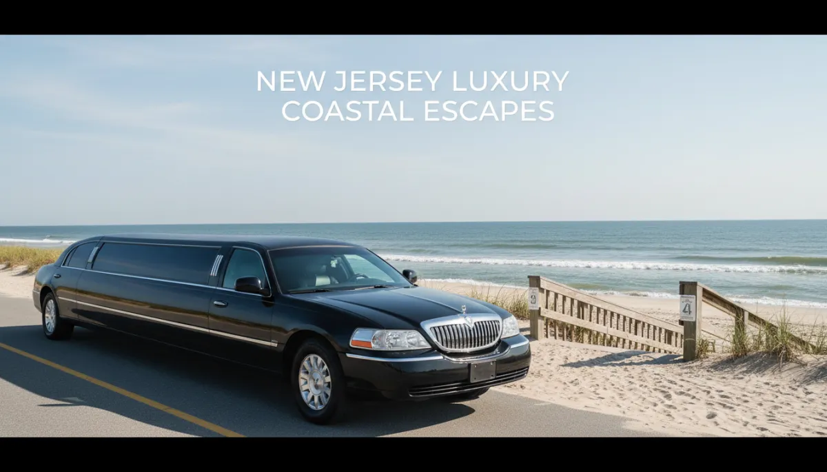photorealistic sleek black limousine parked beside a sunny New Jersey beach access point, soft neutral color palette, calm ocean waves and pale sand in background, clear blue sky, subtle text overlay on sky area