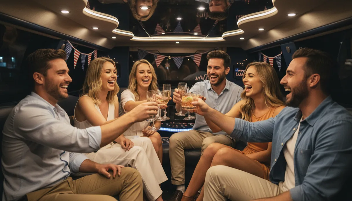 photorealistic group of diverse friends dressed in casual late-summer outfits, laughing and toasting with drinks inside a luxury limousine interior at night, soft ambient lighting, neutral color palette, subtle patriotic Labor Day decor visible in the background