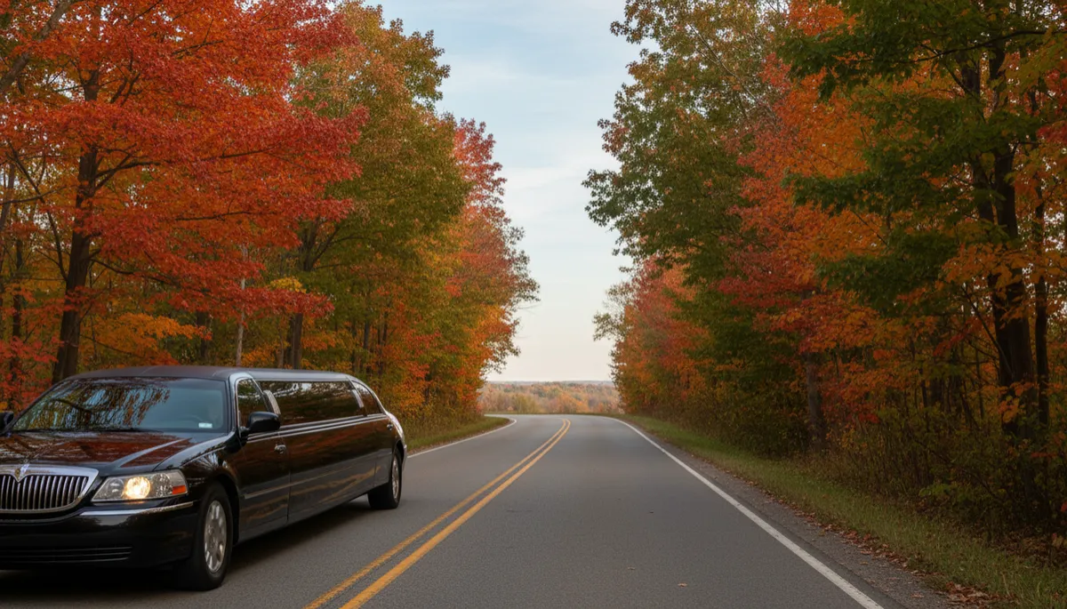 photorealistic luxury black limousine gliding along a gently curving New Jersey country road, both sides lined with towering maple and oak trees in peak red, orange, and amber fall foliage, soft neutral late-afternoon light, subtle reflections on the limo’s glossy surface, calm upscale mood
