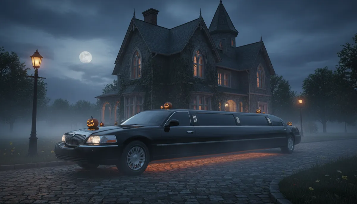 photorealistic black stretch limousine with subtle Halloween decorations like small jack-o-lanterns and soft orange underglow parked outside a historic haunted house in New Jersey at night, light fog on the ground, neutral color palette with cool grays and warm streetlights