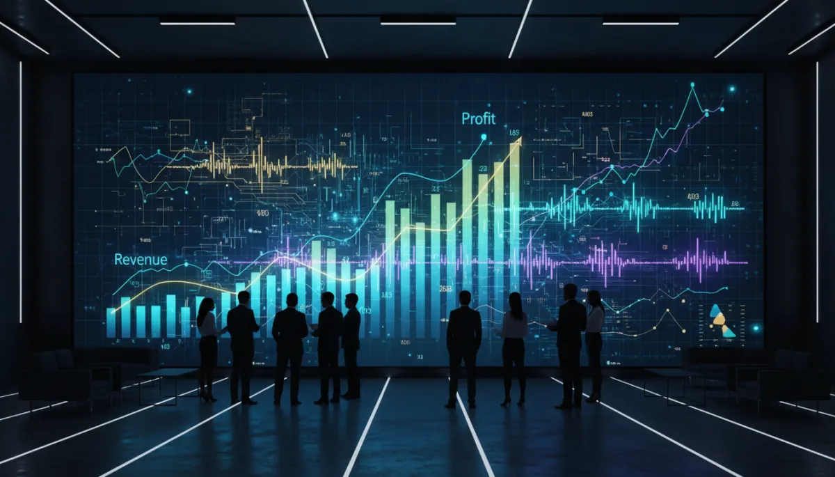 photorealistic dark-tech modern scene of a large digital wall displaying rising revenue and profit charts intertwined with glowing AI circuit patterns and voice waveforms, business executives observing the data in a dimly lit analytics room