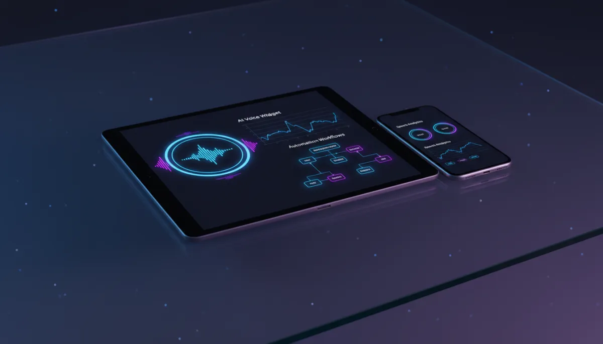 photorealistic dark-tech modern close-up of a sleek tablet and smartphone on a glass desk showing an AI voice widget dashboard with live waveforms, analytics charts, and automation workflows, subtle neon blue and purple highlights