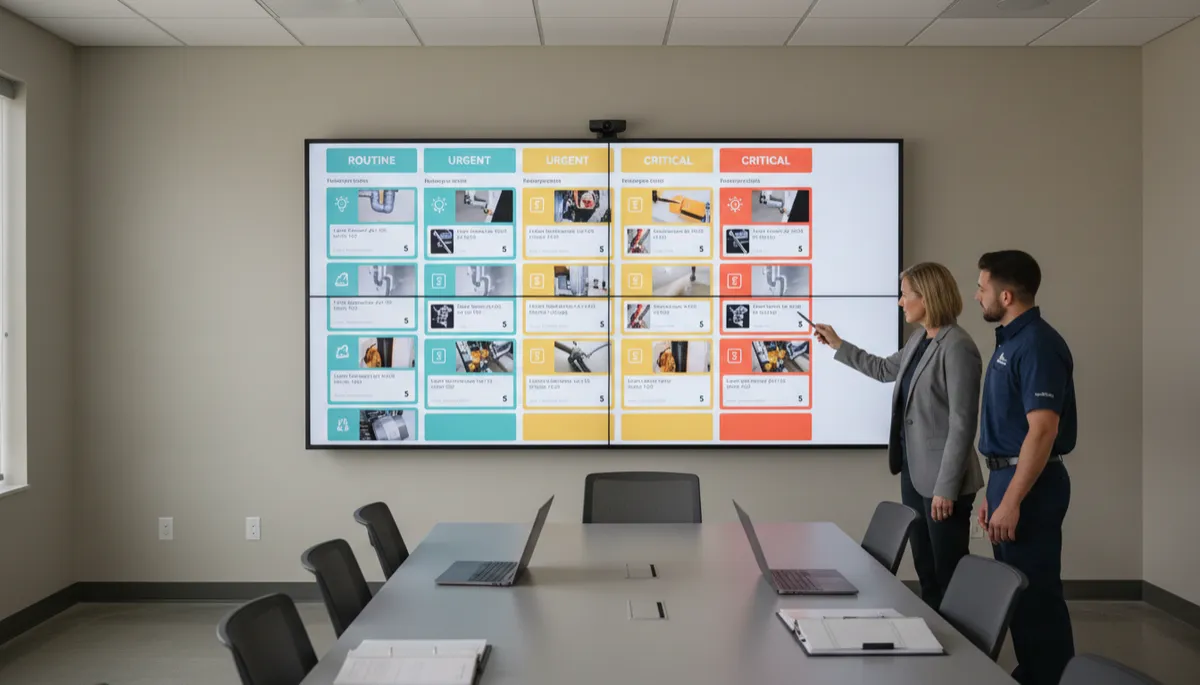 Property manager and maintenance supervisor reviewing AI‑organized maintenance dashboard