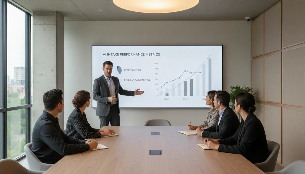 Property manager presenting AI intake performance metrics to stakeholders