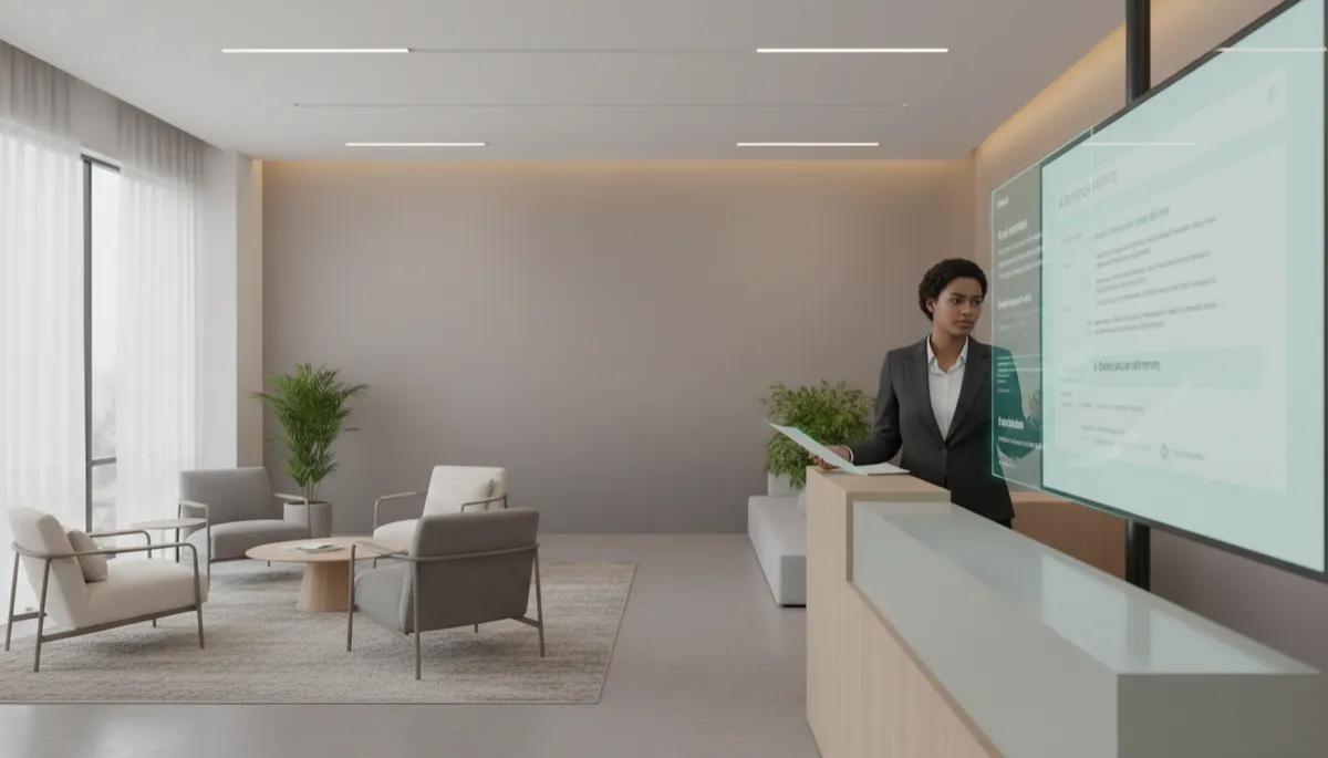 Paralegal reviewing AI-generated client intake summary in a law firm reception area