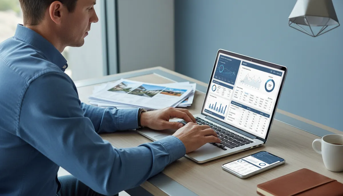 Real estate investor reviewing AI-powered property calculator results on a laptop