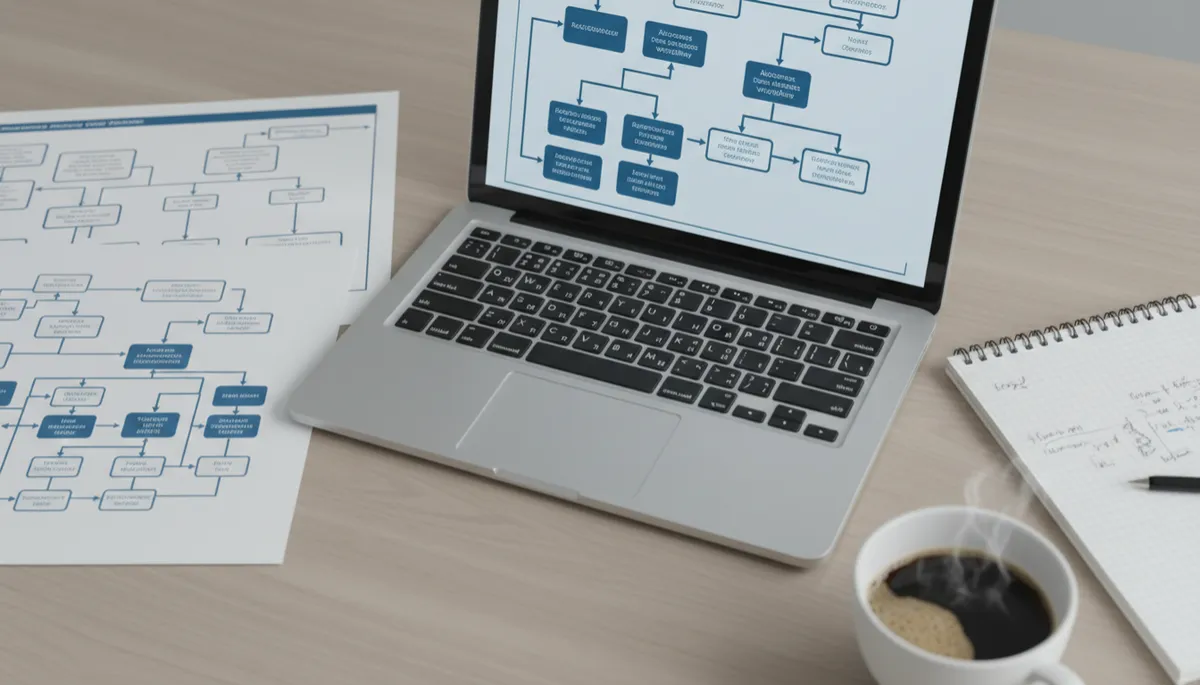 Photorealistic close-up of a neutral-toned desk with a laptop displaying a flowchart of automated business workflows, alongside printed process maps, a notebook with handwritten notes, and a cup of coffee, soft overhead lighting