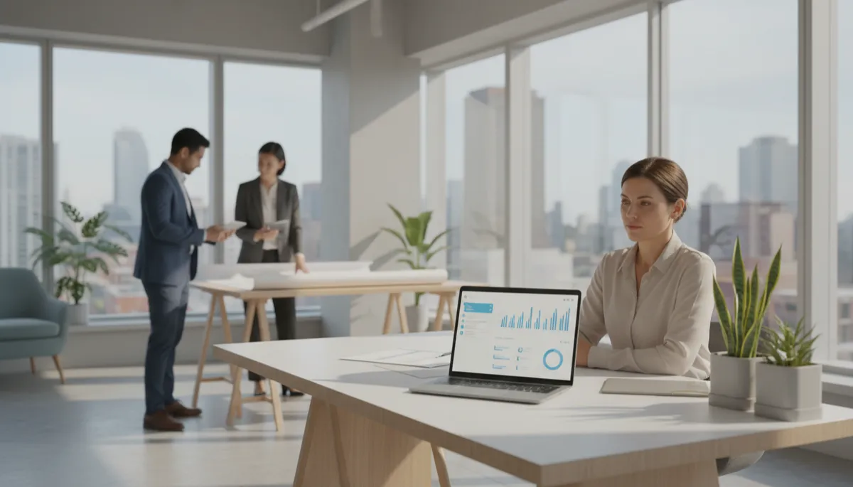 photorealistic modern property management office with large windows, neutral color palette, a property manager looking at a laptop showing an AI chat interface and dashboards, colleagues discussing floor plans in the background