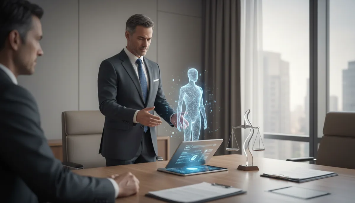 photorealistic neutral-toned modern law office conference room, composed middle-aged lawyer in suit interacting with translucent holographic AI assistant above a tablet, subtle legal documents and scales of justice on table, soft natural light and muted colors