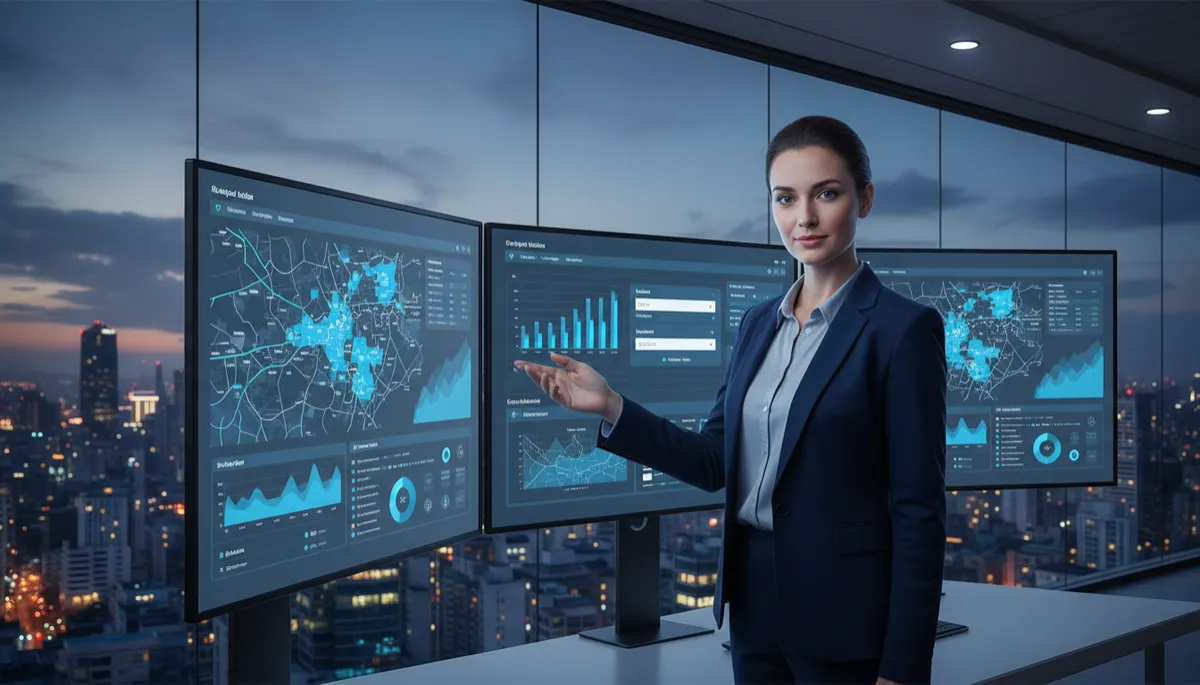photorealistic modern real estate professional in a glass-walled office, multiple large monitors showing blue and grey financial dashboards, property calculators, and market heatmaps, evening city skyline in background